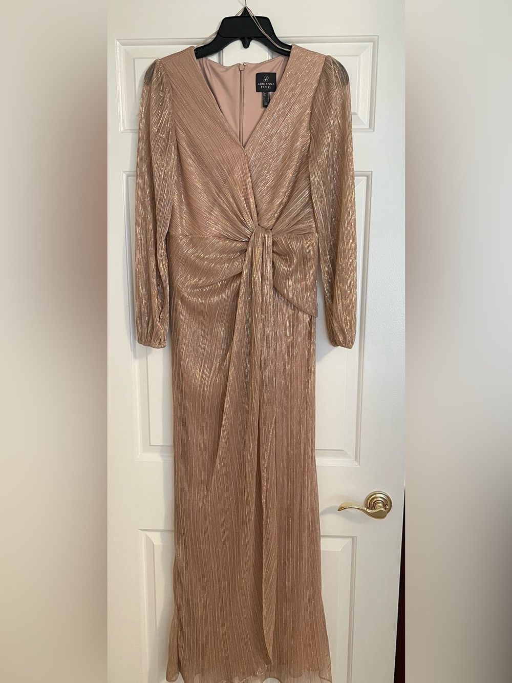 Adrianna Papell Shimmery Taupe Knot-Front Long Sleeve Maxi Dress
